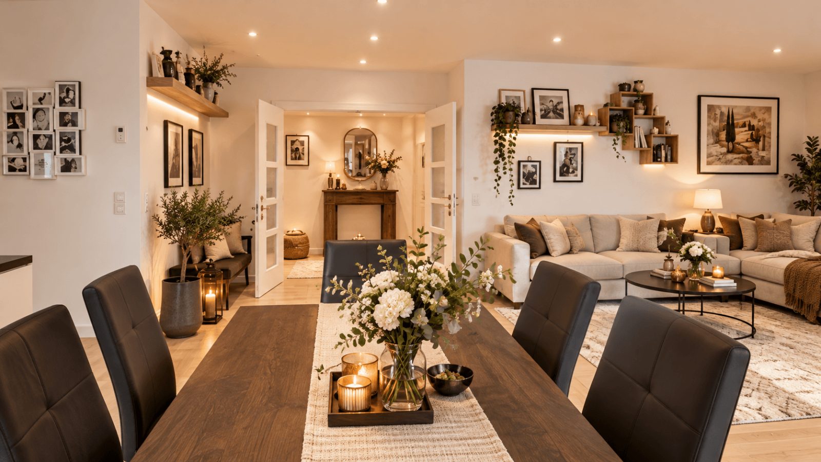 3-Zimmer-ETW mit Terrasse, Gartenanteil und TG-Stellplatz — Wohnbereich (Möblierung KI-Generiert)