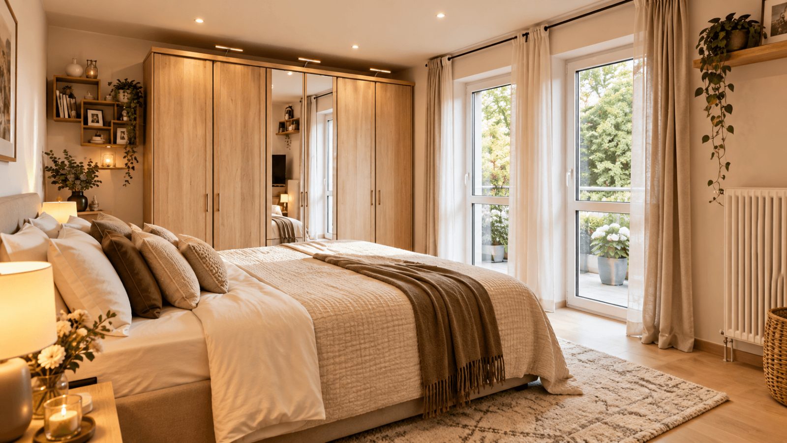 3-Zimmer-ETW mit Terrasse, Gartenanteil und TG-Stellplatz — Schlafzimmer (Möblierung KI-Generiert)