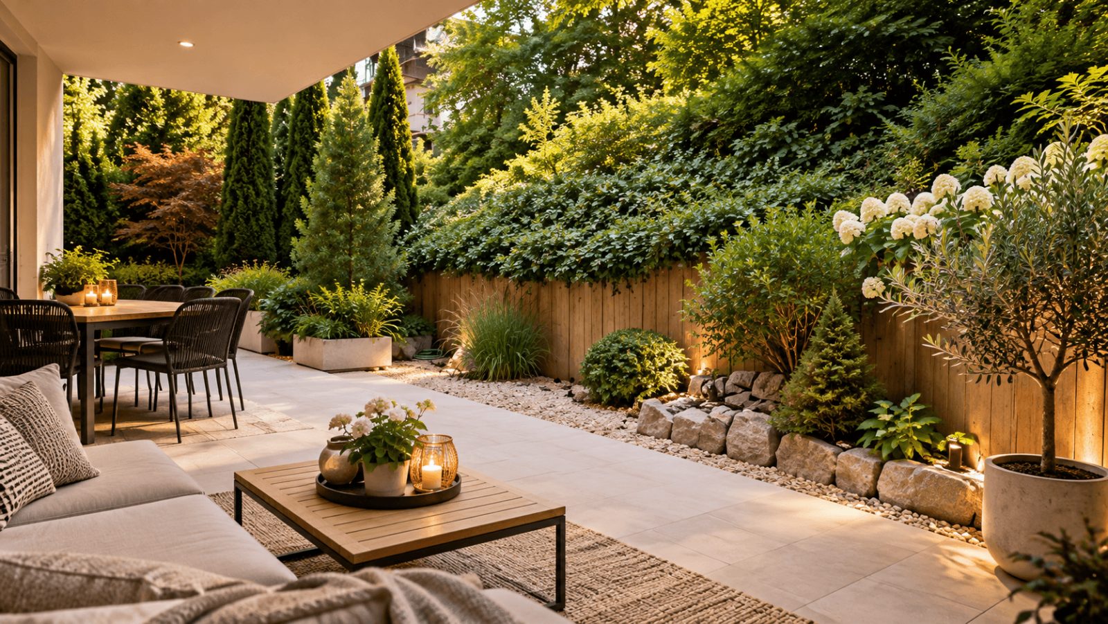 3-Zimmer-ETW mit Terrasse, Gartenanteil und TG-Stellplatz — Terrasse (Möblierung KI-Generiert)